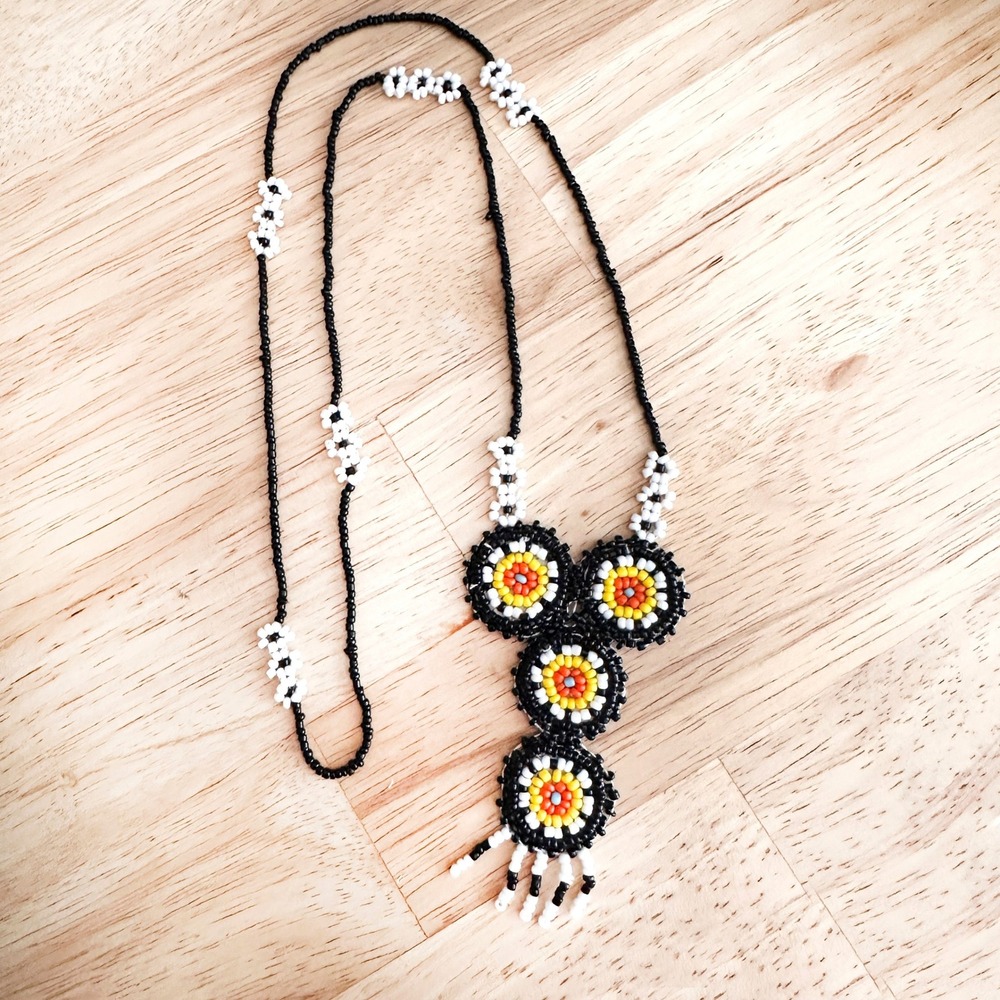 Southwestern Seed Bead Necklace Medallion Black White Yellow Orange 25"